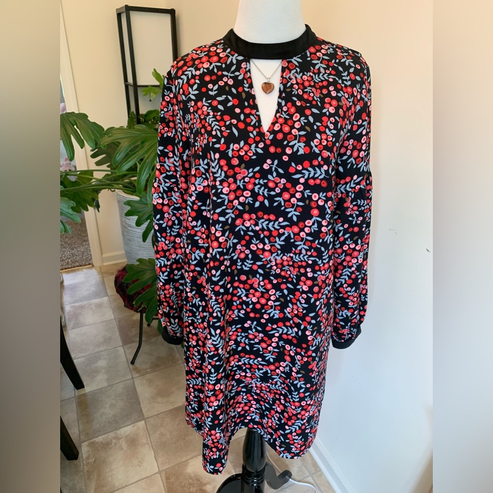 Loft Black Floral Dress Long Balloon Sleeve